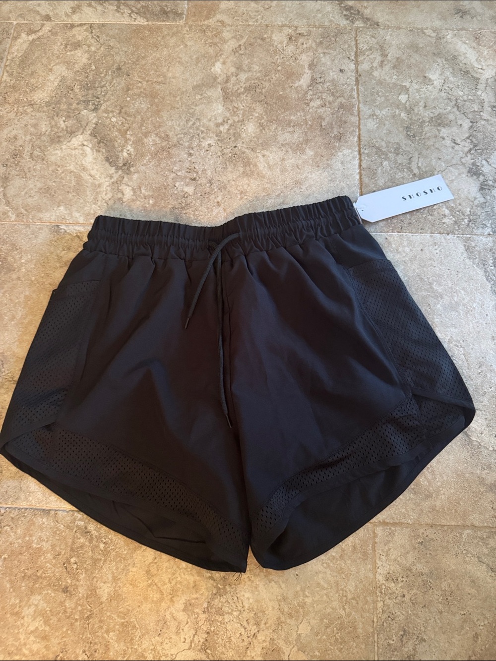 NWT shosho Black Women's Athletic Shorts size small built in shorts mesh pockets